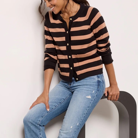 Evereve Mila Lady Like Black Camel Tan Striped Button Front Cardigan Sweater